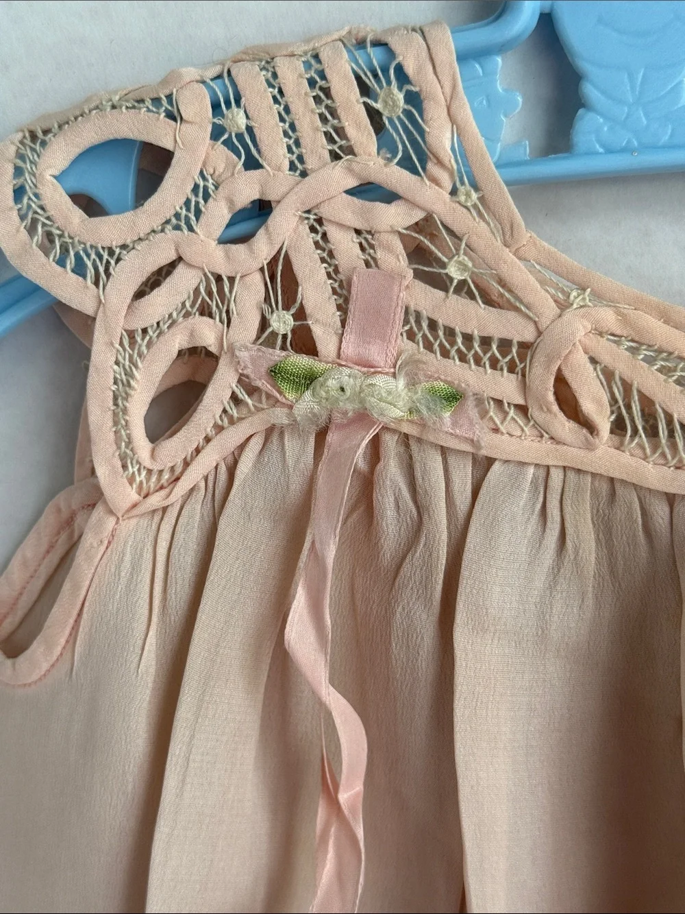 Antique c.1915–1925 Silk Baby Dress Tape Lace Pink Ribbonwork Heirloom Display